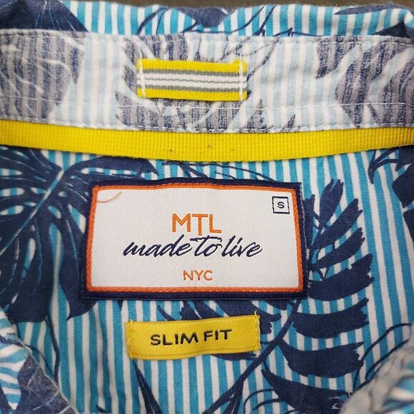 MTL Made To Live Shirt Youth Small Blue Tropical Print Button Up Slim Fit - Picture 7 of 8